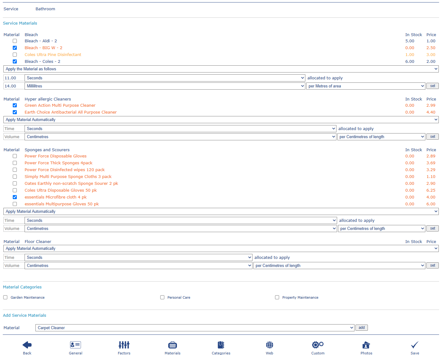 RADYS materials configuration showing granular material allocation rules