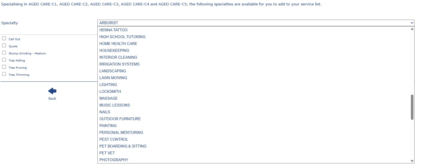 RADYS specialty selection interface