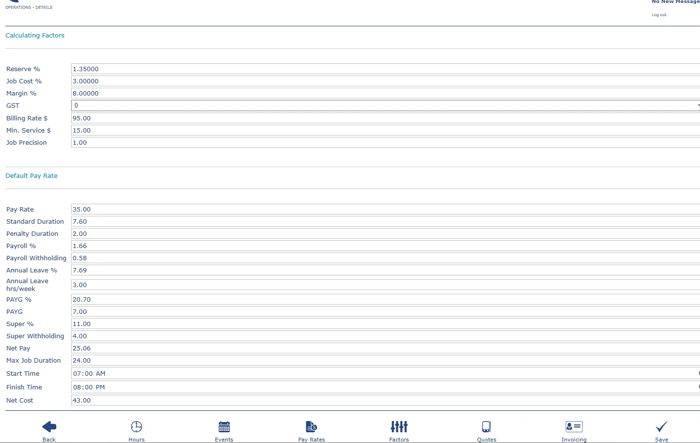 RADYS operations factors and pay settings
